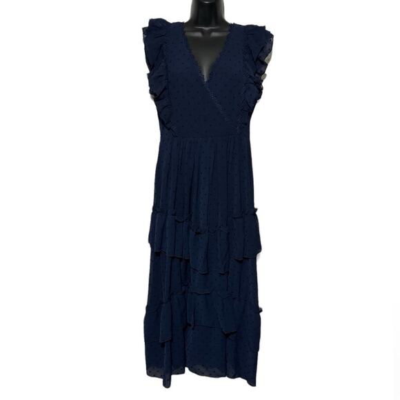 Just Me Navy Blue Faux Wrap Tiered Ruffle‎ Long Modest Midi Maxi Dress Large - Picture 1 of 3